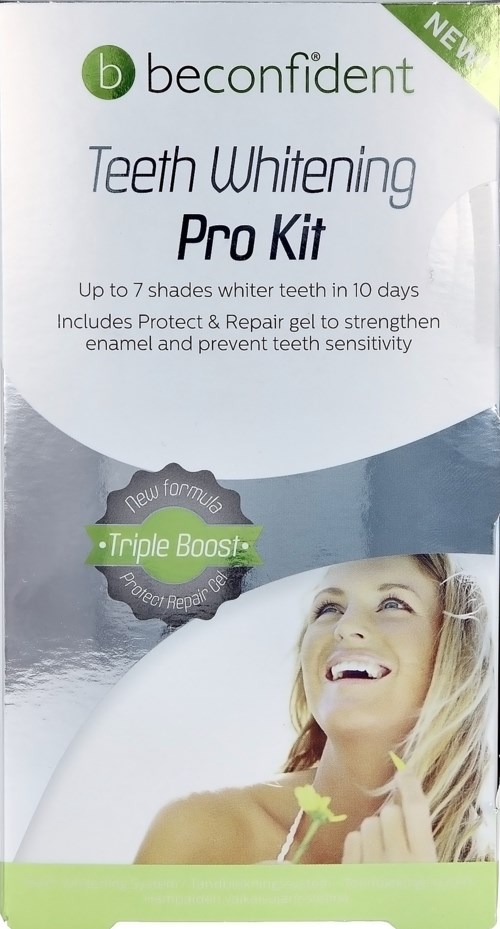 Logo and packaging for Beconfident Teeth Whitening Pro Kit with a smiling woman, green and white design, promotes whitening in 10 days.