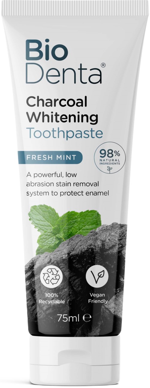 Bio Denta aktiivihiilituhatäytettä sisältävä hammastahna, 75 ml, vegaaninen ja ympäristöystävällinen pakkaus.