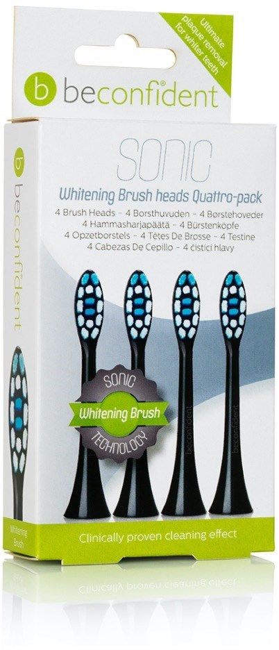 Pakkaus neljästä mustasta ja sinisestä hammasharjaspesasta nimeltä Sonic Whitening Brush, valmistaja Be Confident.