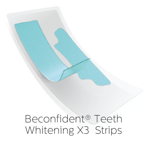 A dental whitening product with three strips that adhere to teeth for whitening.