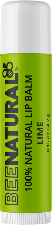 Grön och vit läppbalsamtub märkt 'BEE NATUREL', med lime smak, 0,15 oz storlek.