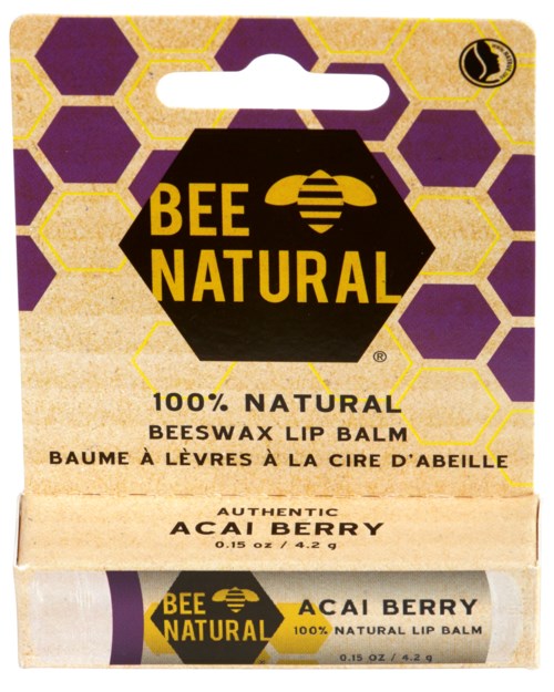 Balsam do ust z acai berries, z wzorem plastra miodu, miękkie fiolete i żółte kolory, naturalne składniki.