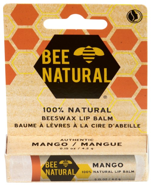 Logo pszczoły na opakowaniu z wzorem plastra miodu dla naturalnego balsamu do ust z wosku pszczelego. O smaku mango.