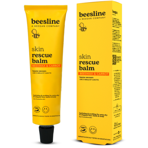 Gelber Tuben und Verpackung von beesline Skin Rescue Balm mit Biene und Karotte Bilder, glattes Design, Produktinformationen und Etiketten.