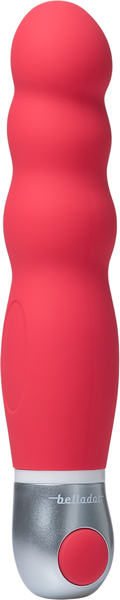 A pink, wavy object with a gray base and a red button, resembling a personal massager.