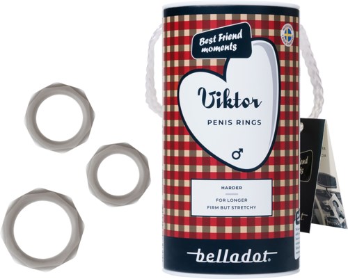 En cylindrisk beholder med rød ternet design, etikette med teksten 'Viktor Penis Rings', tre store metalringe ved siden.