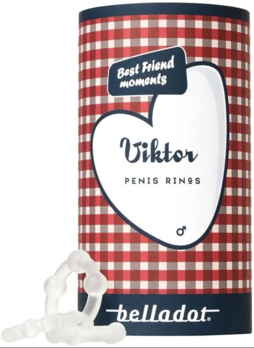 En beholder med rød og hvid ternet mønster, mærket Viktor penisringe, med hvide ringe udenfor.