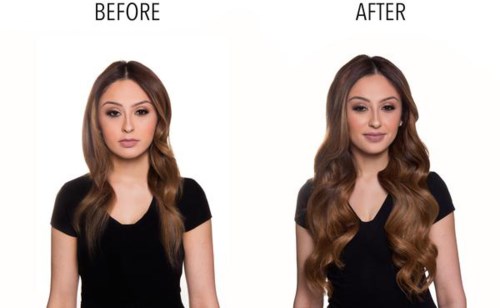 Sidobyggd jämförelse av en kvinna innan och efter hår- och makeup-ändring, visar förbättrad stil och självförtroende.