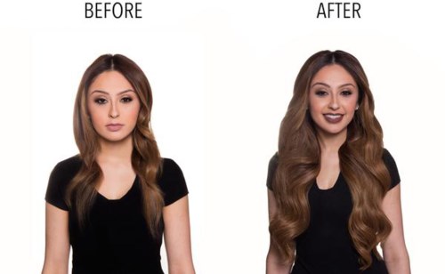 Vor- und Nachbilder zeigen eine Frau mit langen, welligen Haaren, die im Stil und Aussehen verbessert werden.