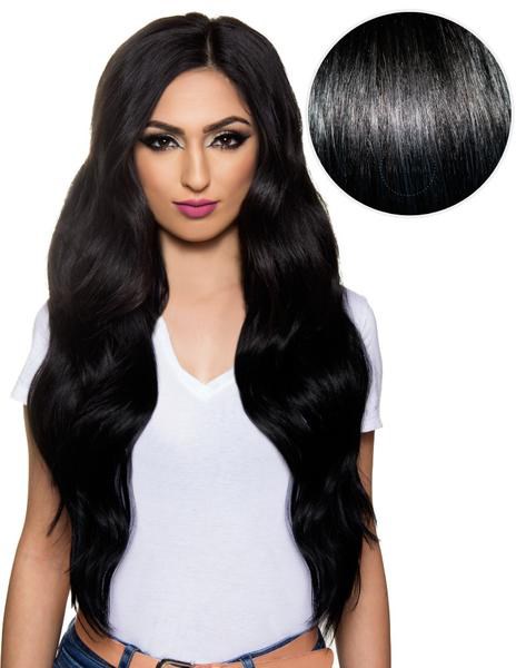 Long, shiny black hair with soft waves, worn by a woman in a white t-shirt. Circular close-up shows the hair's glossy texture.