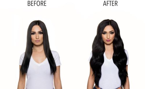 Side-by-side images show hair transformation from straight to wavy hair.