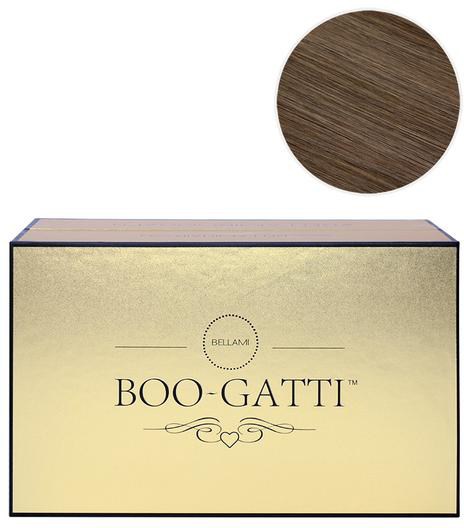 En låda märkt 'Boo-Gatti' med guldfärgad gradient och dekorativ hjärta och swirl-design. En cirkulär trätextur ovanför.