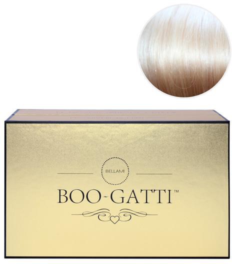 Box med orden 'BOO-GATTI' och dekorativa element, och ett runt hårprov ovanför.