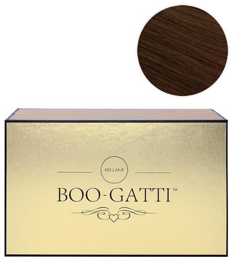 En box märkt 'BOO-GATTI' i guldfärg, en liten cirkel och ett träprov ovanför.