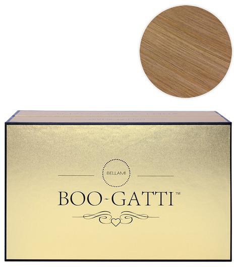 En box märkt 'BOO-GATTI' med en guldfärgad och svart design, plus en träfärgad cirkulär föremål ovanför.