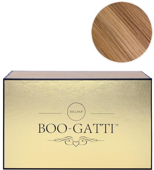 En låda med etikett som säger 'BOO-GATTI' och ett liten rund prov av träfärg.
