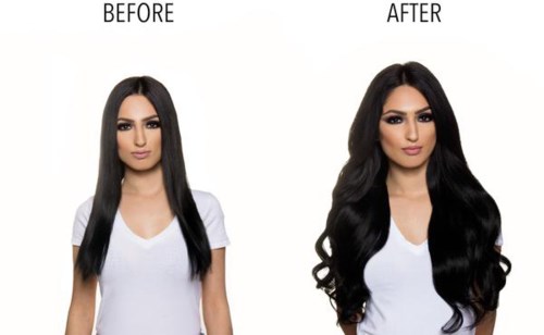 Sammenligning af hår før og efter styling eller behandling, viser længere, bølget hår i det efterfølgende billede.