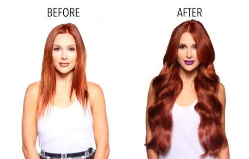 En kvinde med langt rødt hår før og efter styling, med et fyldigere, bølget hår udseende i den anden billed.