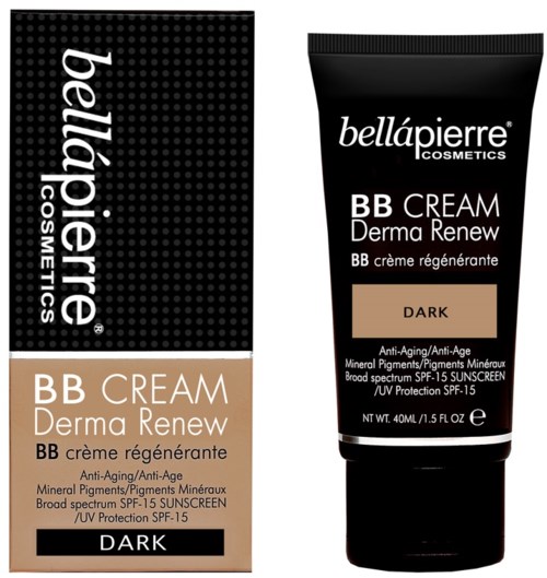 Een zwart doosje en een zwart tube, beide met 'bellápierre cosmetics' opdruk, beschrijven BB-cream Derma Renew voor donkere huid met SPF 15.