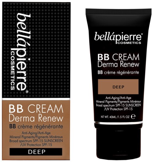 Ett svart och beige paket med Bellápierre Cosmetics BB Cream Derma Renew, med anti-aging, SPF 15 och mörk nyans.