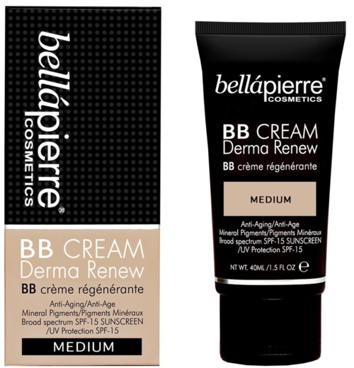 Svart box och tub märkt Bellápierre Cosmetics BB Cream Derma Renew, medium nyans, anti-aging, SPF 15.
