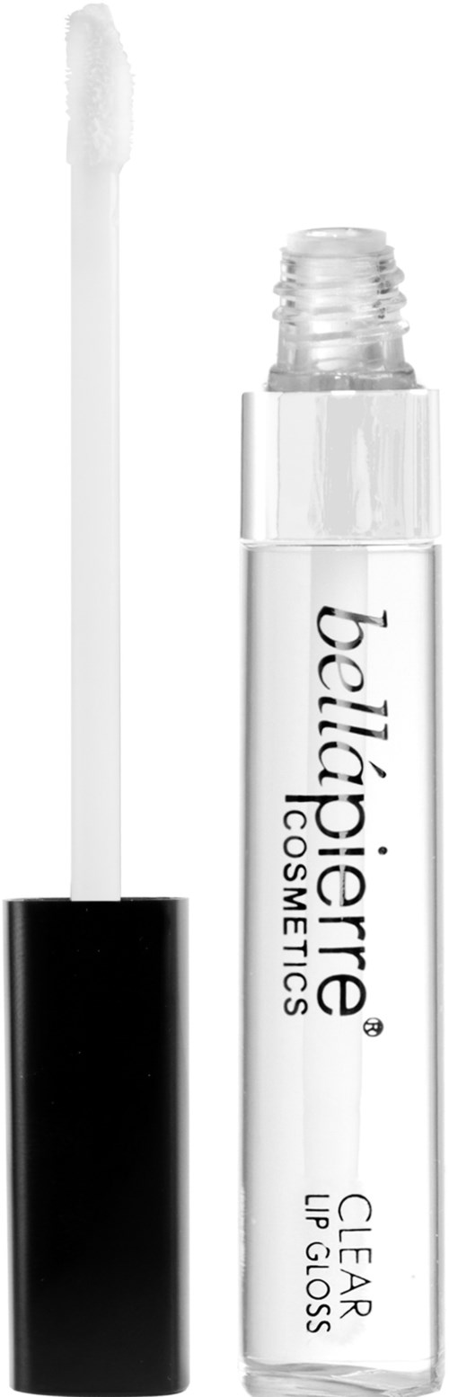 En vit läppglansrör med svart lock, etiketten säger 'bella pierre COSMETICS CLEAR LIP GLOSS', med en applikatorpin.