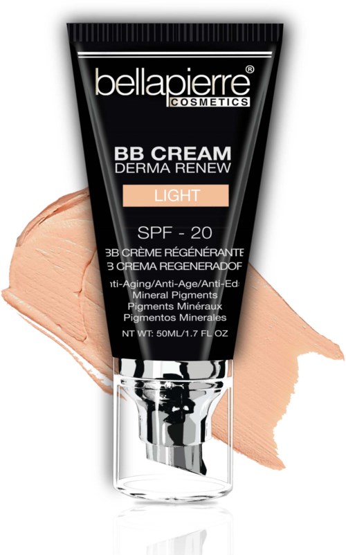 Een tube Bellapierre BB Cream met SPF 20, gemarkeerd 'Light', voor een beige achtergrond.