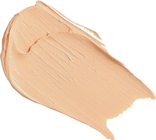 Een beige, romige textuur uitgesmeerd op een witte achtergrond. Het ziet er glad en dik uit.