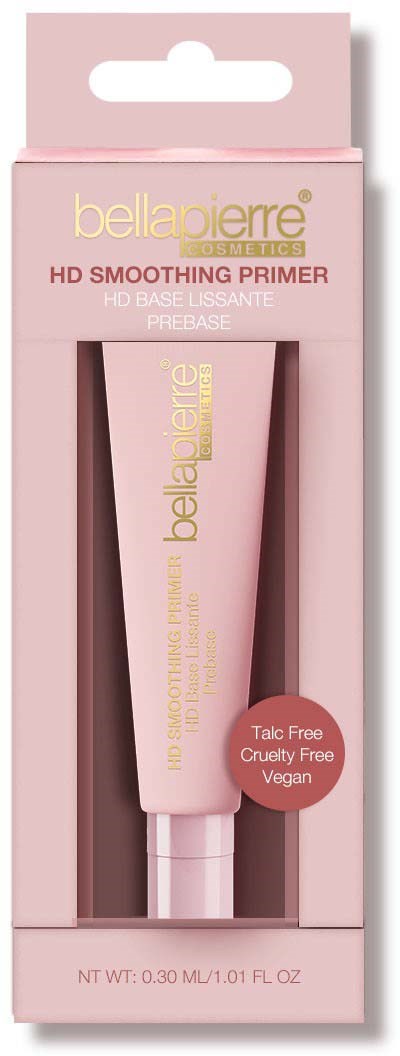 Rosa Tube von Bellapierre HD smoothing primer in Schachtel, mit Labels für cruelty-free und vegan.