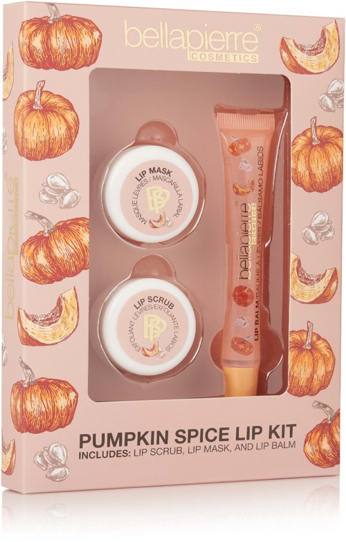Pumpkin Spice huulipakkki sisältää huuliscrubia, huulinaamaria ja huultäytettä, pieni laatikko.