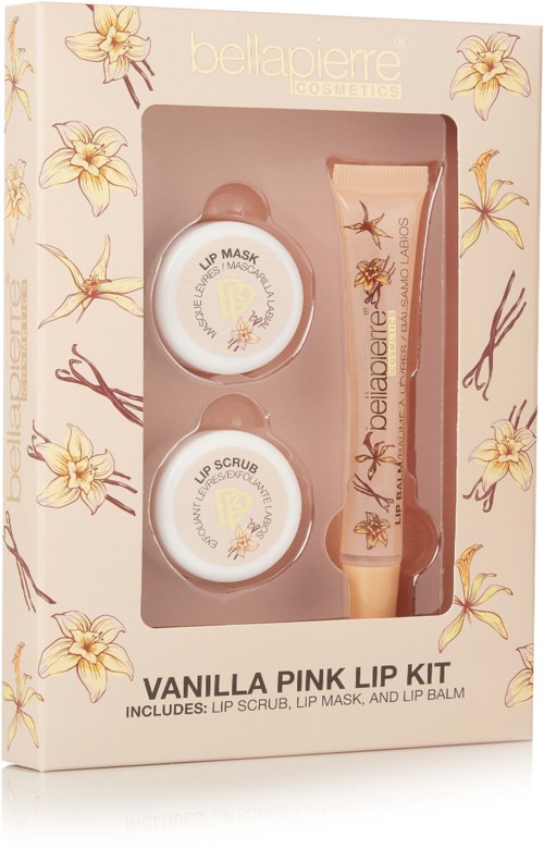 A skincare set with vanilla and pink flavored lip scrub, mask, and balm in a floral decorated box.