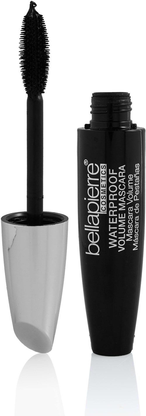 Musta tubemascara, jossa on kääntyvä harja ja hopeinen korkki, merkitty Belle Pierre Waterproof Mascara.