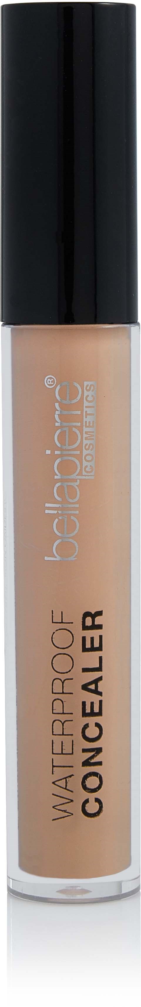 En liten flaska med concealer med svart lock och beige vätska inuti.