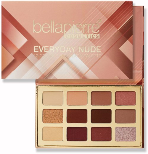 A makeup palette with twelve shades of nude eyeshadows by Bellapierre Cosmetics.