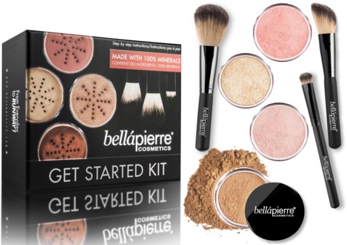 Makeup-kit med borstar, puder och rouge för ansiktsmakeup. Innehåller produkter från Bellápierre Cosmetics.