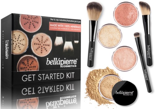 Meikkikokoelma, johon kuuluu puutereita, harjat ja poskipunat. Mukana laatikko, jossa lukee "Get Started Kit."