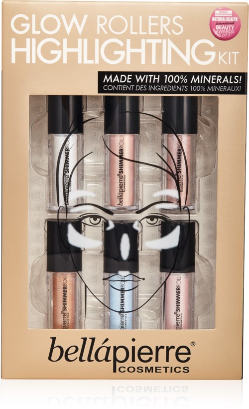 Ett makeuppaket med glow roller-highlighters i beige förpackning, med fem Rör och svart behållare, tillverkad av mineraler.