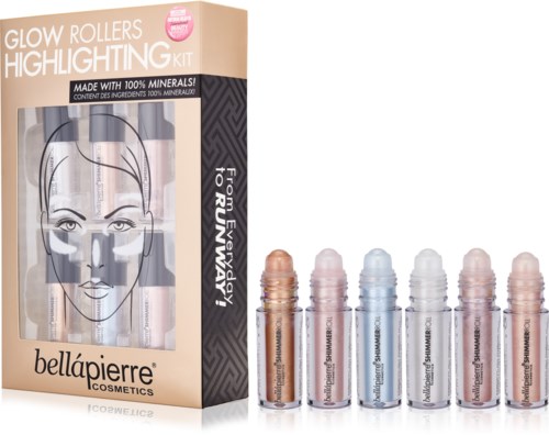Ett highlighter-kit med fem små rör i olika färger och en affisch som visar ansiktslyftningsområden.