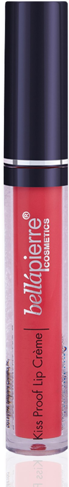 En rosa läppglansrör med svart lock, märkt med 'bellapierre' och 'Kiss Proof Lip Creme'.