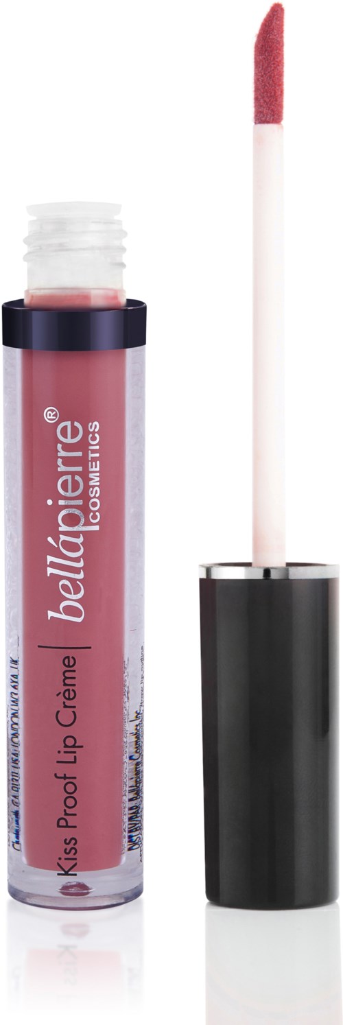 Läppglansrör med applicator utanför, rosa färg, märket Bellapierre, Kiss Proof Lip Creme.