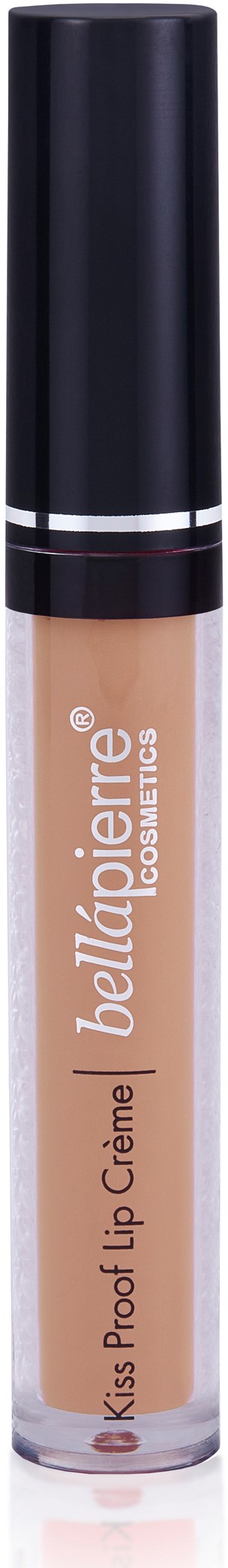 En beige läppglans i en klar tub med svart lock, märkt Bellapierre Kiss Proof Lip Cream.