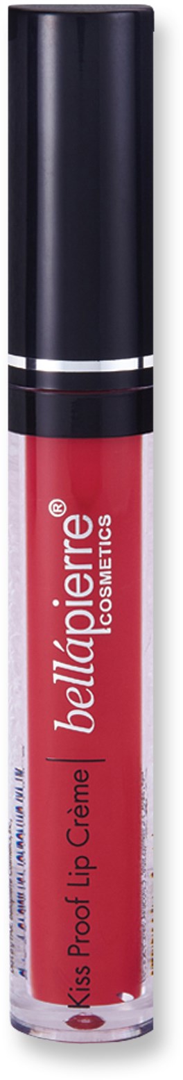 Ett läppglansrör med svart lock, klar kropp och rosa-röd gloss inuti, märkt Bella Pierre Kiss Proof Lip Creme.