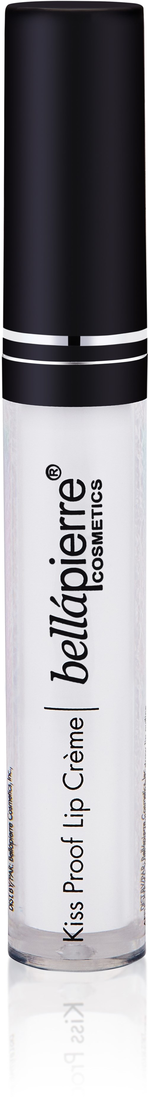 Ein weißer Lipgloss-Roller mit schwarzem Deckel und Markennamen, steht senkrecht.