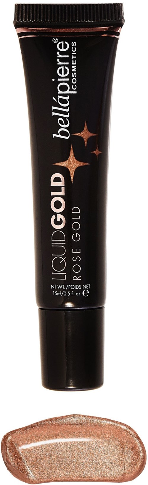 En tub med Bellápierre Cosmetic Liquid Gold och en provbit som visar glittrande guldmakeup.