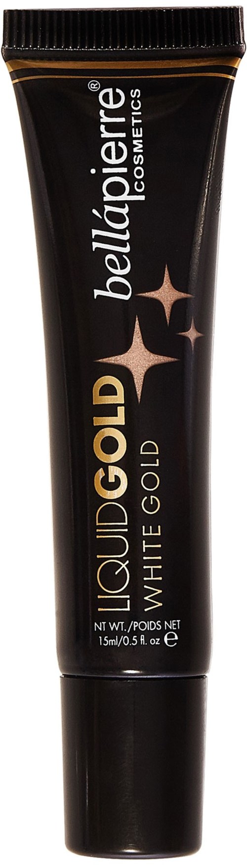 En svart tub av Bell Pierre Cosmetics Liquid Gold med vit- och guldtext samt stjärnformade grafik för ett glansigt utseende.