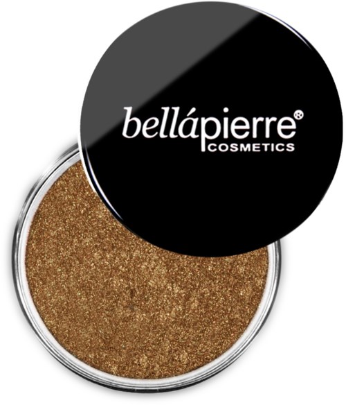 En rund beholder med gullfarget glitter makeup og svart lokk med teksten 'bellápierre COSMETICS'.