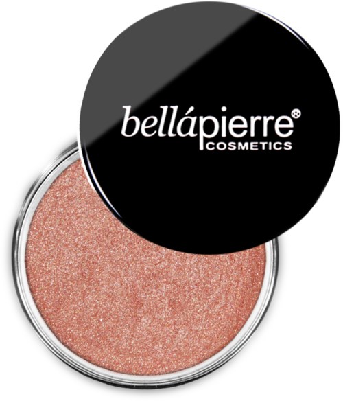 En rund beholder med rosa skimmermakeup og svart lokk med teksten 'bellápierre COSMETICS'.