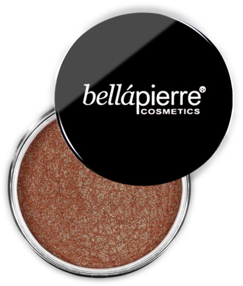 En blush eller highlighter fra Bellápierre Cosmetics med svart lokk og skimrende bronse pulver.