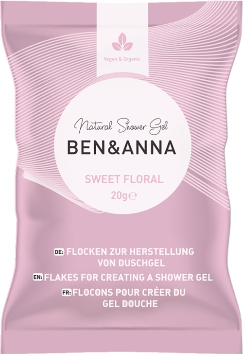 Väritön suihkugeelipussi, valkoinen tarra, kukkakuva ja tuotteen nimi "BEN&ANNA Sweet Floral".