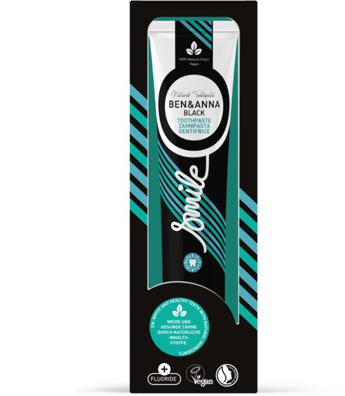 Schwarze und Türkise Zahnpastabox mit Marke 'Ben & Anna' und 'Black'-Geschmack, enthält natürliche Zutaten und Vegan-Logo.